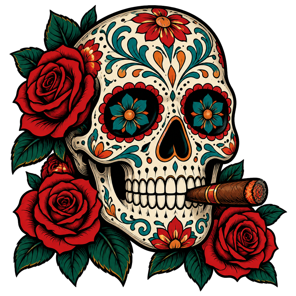 Day of the Dead sugar skull with roses smoking a cigar